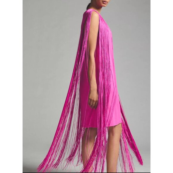 Anthropologie Hutch Magenta Fringe Dress M NWT Tassel Midi - Picture 2 of 14